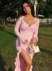 Mozision Flare Long Sleeve Ruffle Sexy Maxi Dress Women Autumn Pink V Neck Single-breasted High Waist Club Long Dresses Female_ecoleips.com