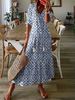 Casual Sweet Loose V-neck Print Beard Medium Sleeve Long Dress Women_ecoleips.com