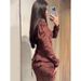 Vintage-Inspired Long Sleeve Dress - Elegant V-Neck Floral Print Midi Dress With Button Detail (Dark Brown, S-XXL)_ecoleips.com