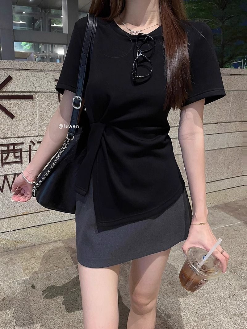 Solid-Color Round-Neck Pure Cotton Short-Sleeved T-Shirt For Women's Summer 2026, Designed With A Twist And Slit, Slimmi_ecoleips.com