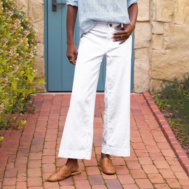 European And American Women's High-waisted Buttoned Waistband Solid Color Cropped Slightly Flared Loose Wide-leg_ecoleips.com