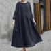 Women's Clothing Solid Color Cotton And Linen Irregular Splicing Round Neck Pocket Long Sleeve Dress Big Swing Long Skirt_ecoleips.com