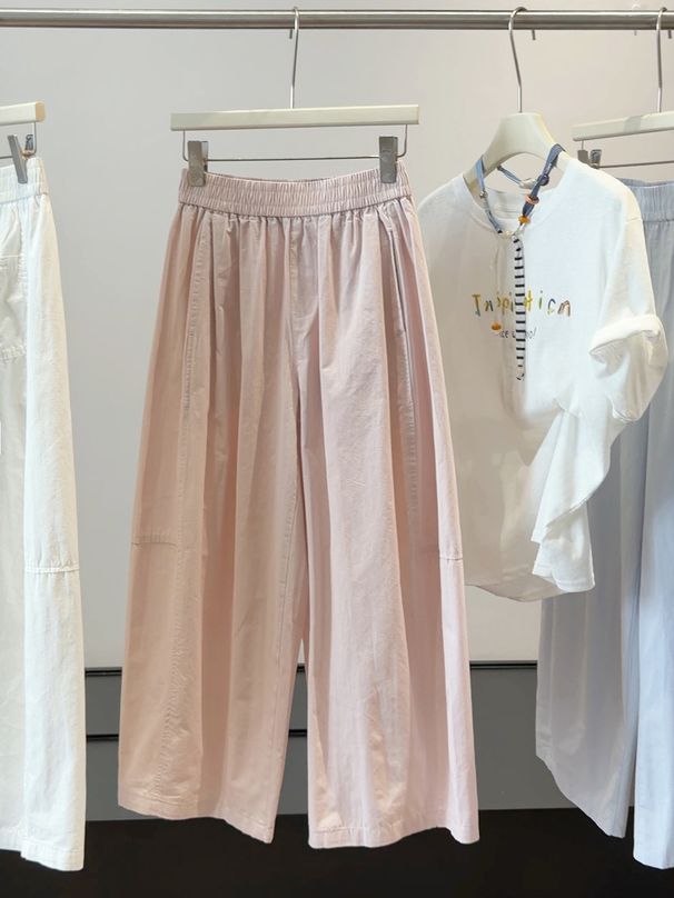 Korean Style Wide Leg Pants for Women Elastic High Waist Loose Fit Slimming Eight Point Casual Summer Style Petite_ecoleips.com