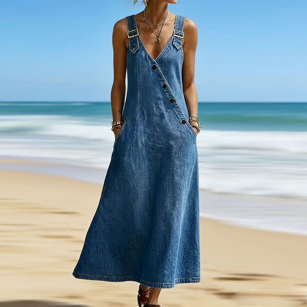 Summer Casual Sleeveless Pocket Long Dress Fashion Button Hight Street Loose Party Dresses Elegant V-neck Adjustable Denim Dress_ecoleips.com