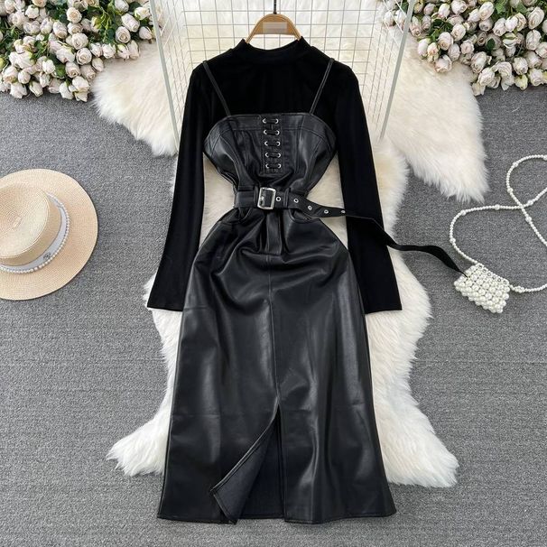 Slim-Fit Layering Set Pu Leather Strappy Dress High-Neck Top Black Bodycon Sexy Slit Detail Women's Clothing Dress_ecoleips.com