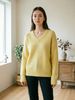 Pastel Yellow Pit Rib Knit Sweater, Loose V Neck Lightweight Breathable Soft Skin-touch Long Sleeve Pullover_ecoleips.com