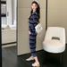 Autumn New Korean Fashion Striped Knitted Sleeve Long Dress For Pregnant Women_ecoleips.com