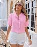 Women's Plaid Lace Design Shirt V Neck Short Sleeve French Ruffle Trim Elegant Fashion Top for Spring Summer_ecoleips.com