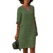 Autumn Cotton And Linen Small V-Neck Patchwork Retro Solid Color Three-Quarter Sleeve Dress For Women_ecoleips.com