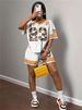 Women's Clothing Fashion Retro Street Print Loose Casual V Neck Short Sleeved Top Shorts Sports Suit_ecoleips.com