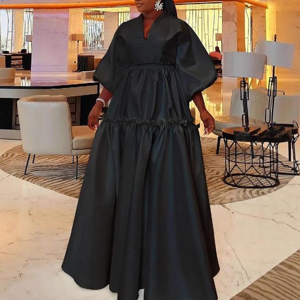 Plus-Size Casual Maxi Dress With V-Neck & Puff Sleeves – High Waist Flowy Dress For Women (1XL-5XL, Pure Color & Street Style)_ecoleips.com