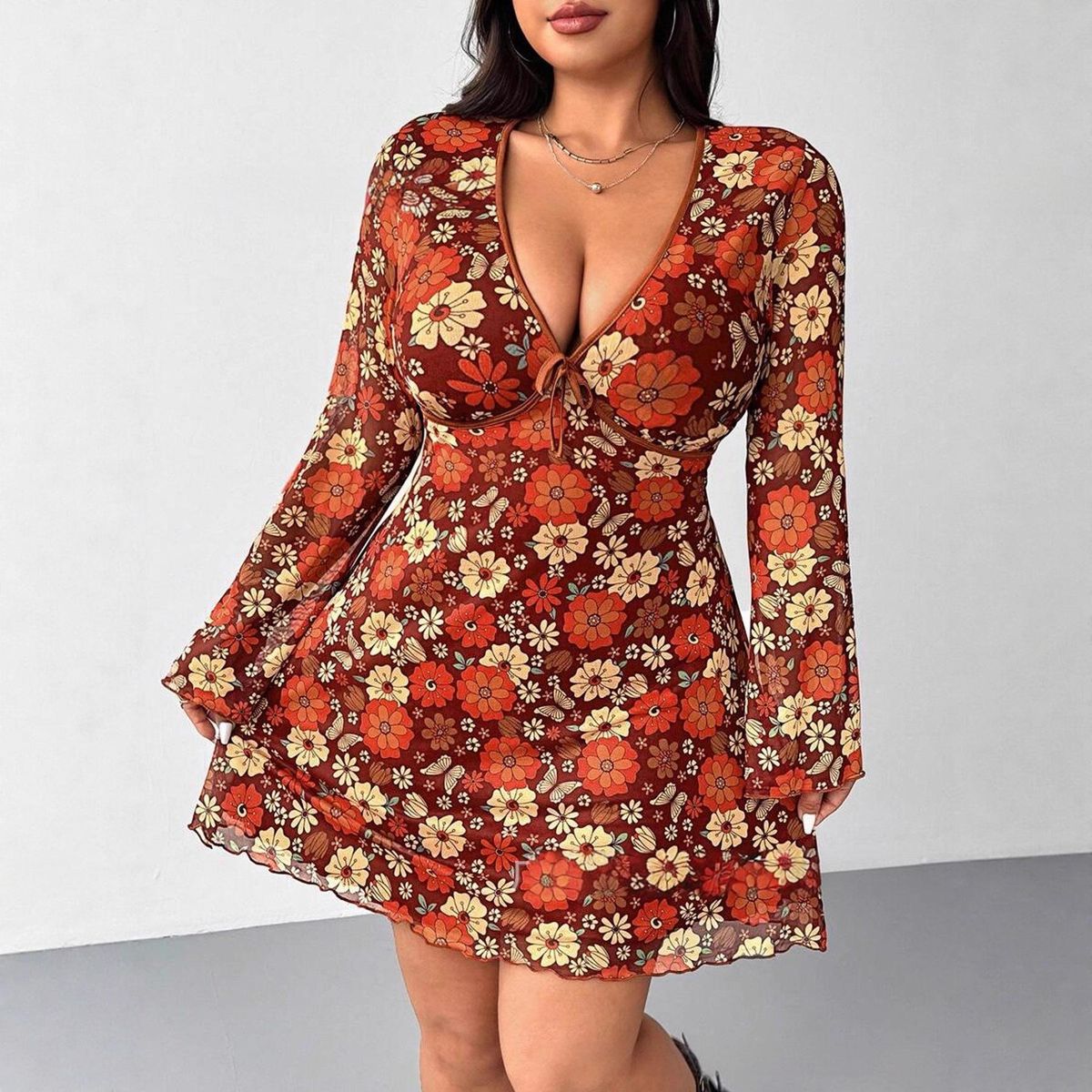 Elegant Plus Size Floral Wrap Dress – Long Sleeve V-Neck Printed Midi Dress For Women (Spring/Autumn, Stretchy Knit Fabric)_ecoleips.com