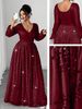 Plus Size Elegant V-Neck Evening Dress Long Sleeve Formal Gown With High Waist & Sequin Accents (0XL-5XL, Straight Cut, Polyester, Party/Office Wear)_ecoleips.com