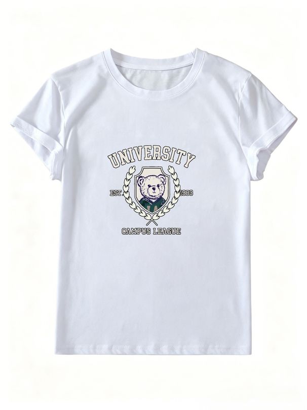 Women Vintage University Bear Crest Graphic T Shirt Casual Crew Neck Short Sleeve Campus League Print Basic Tee_ecoleips.com