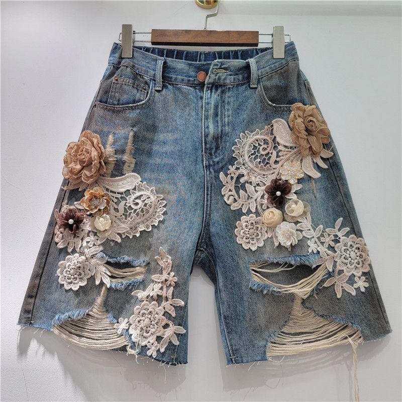 2025 Summer New Niche Lace Flower Stitching Drawing Hole Rhinestone Back Elastic Waist Trendy Cool Denim Shorts_ecoleips.com