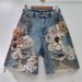 2025 Summer New Niche Lace Flower Stitching Drawing Hole Rhinestone Back Elastic Waist Trendy Cool Denim Shorts_ecoleips.com