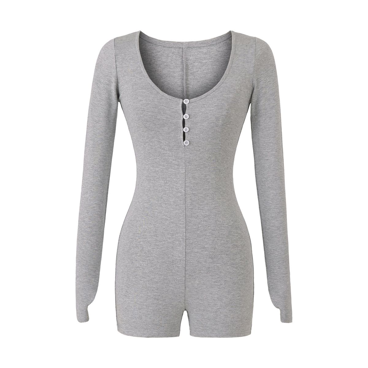 Women’s Stretch Long-Sleeve Jumpsuit Shorts – Round Neck Button-Up Romper | Slim Fit Casual One-Piece With Comfortable Elastic Waist_ecoleips.com