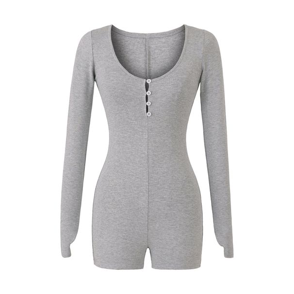 Women’s Stretch Long-Sleeve Jumpsuit Shorts – Round Neck Button-Up Romper | Slim Fit Casual One-Piece With Comfortable Elastic Waist_ecoleips.com