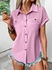 Women's Clothing Solid Color Buckled Lapel Shoulder Pleated Pocket Raglan Short Sleeved Top_ecoleips.com
