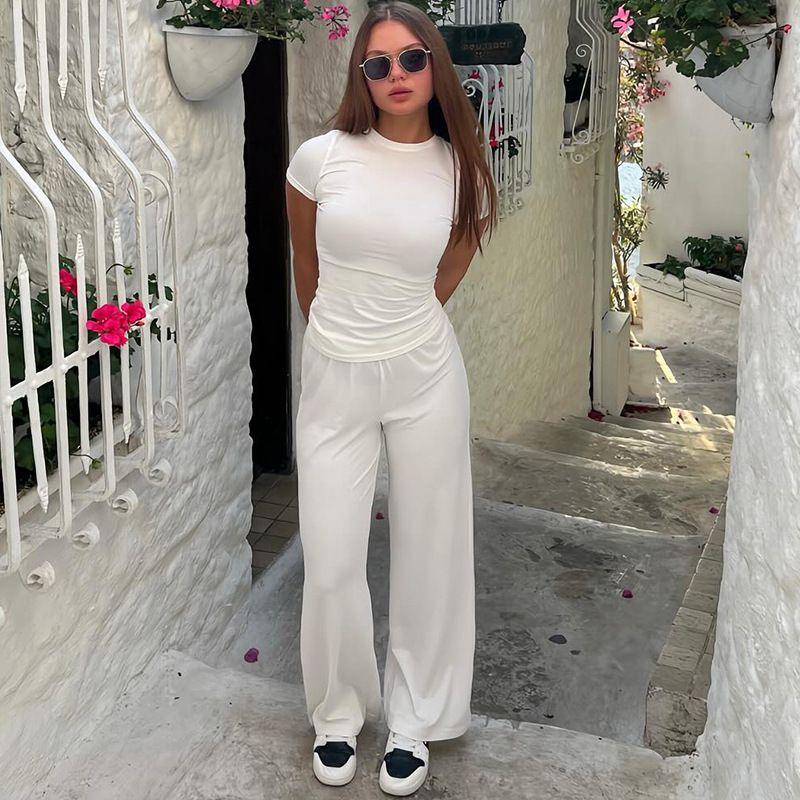 Women's Casual Long Sleeve Round Neck Suit European American Style Spring Autumn New Solid Color Wide Leg Pants_ecoleips.com