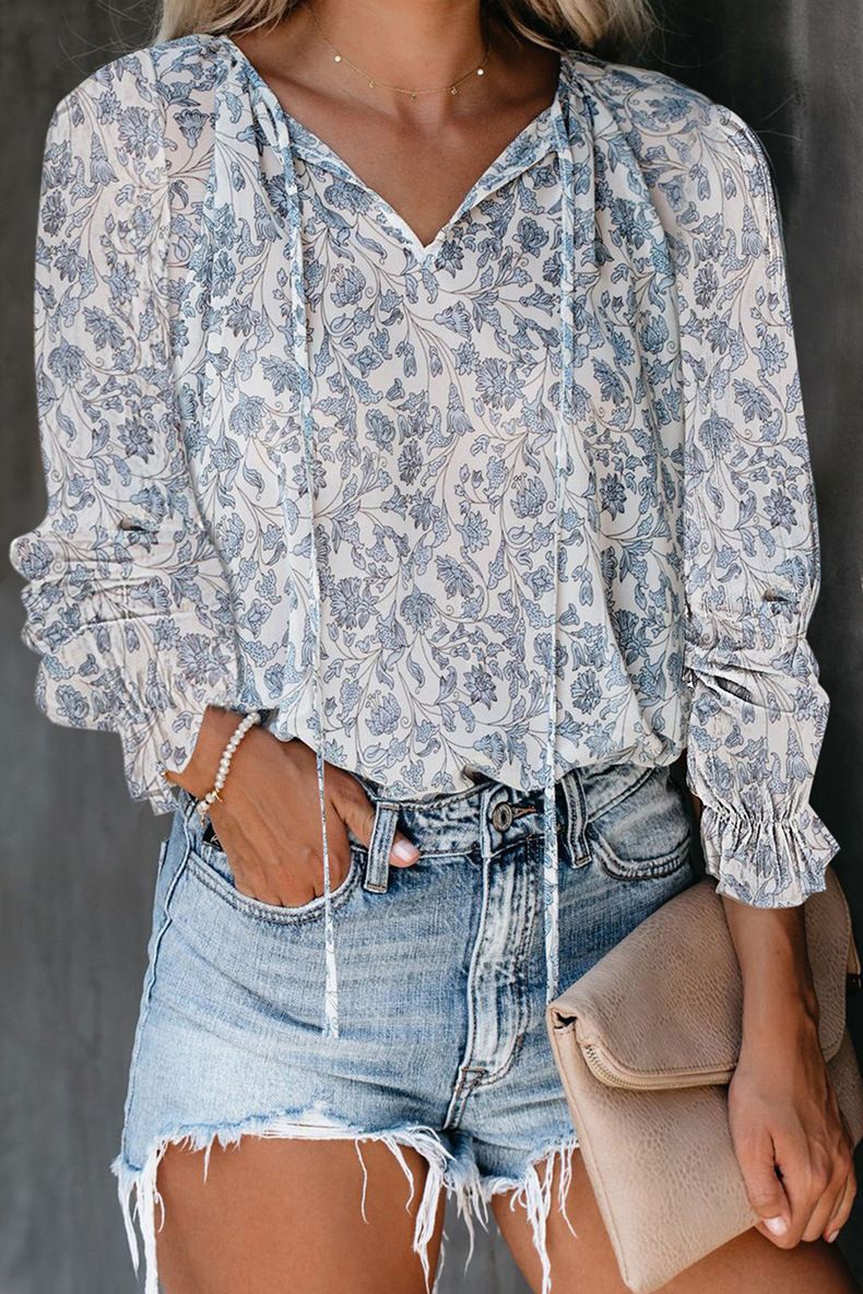 Floral Print V-Neck Blouse – Long Sleeve Workwear T-Shirt For Women, Stretchy & Comfortable (S-Xxl, 7 Colors)_ecoleips.com