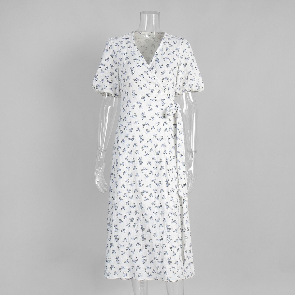 Women's Pure Cotton Printed Dress European American Style Tie up Puff Sleeve Long Dress Summer New Style Cross Border_ecoleips.com