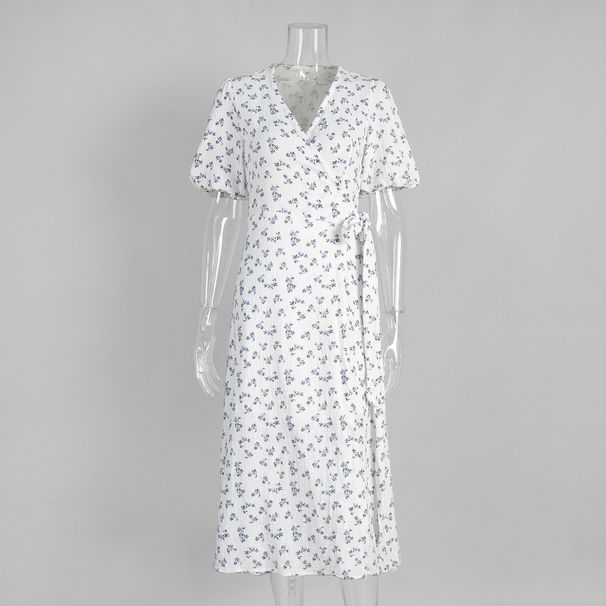 Women's Pure Cotton Printed Dress European American Style Tie up Puff Sleeve Long Dress Summer New Style Cross Border_ecoleips.com