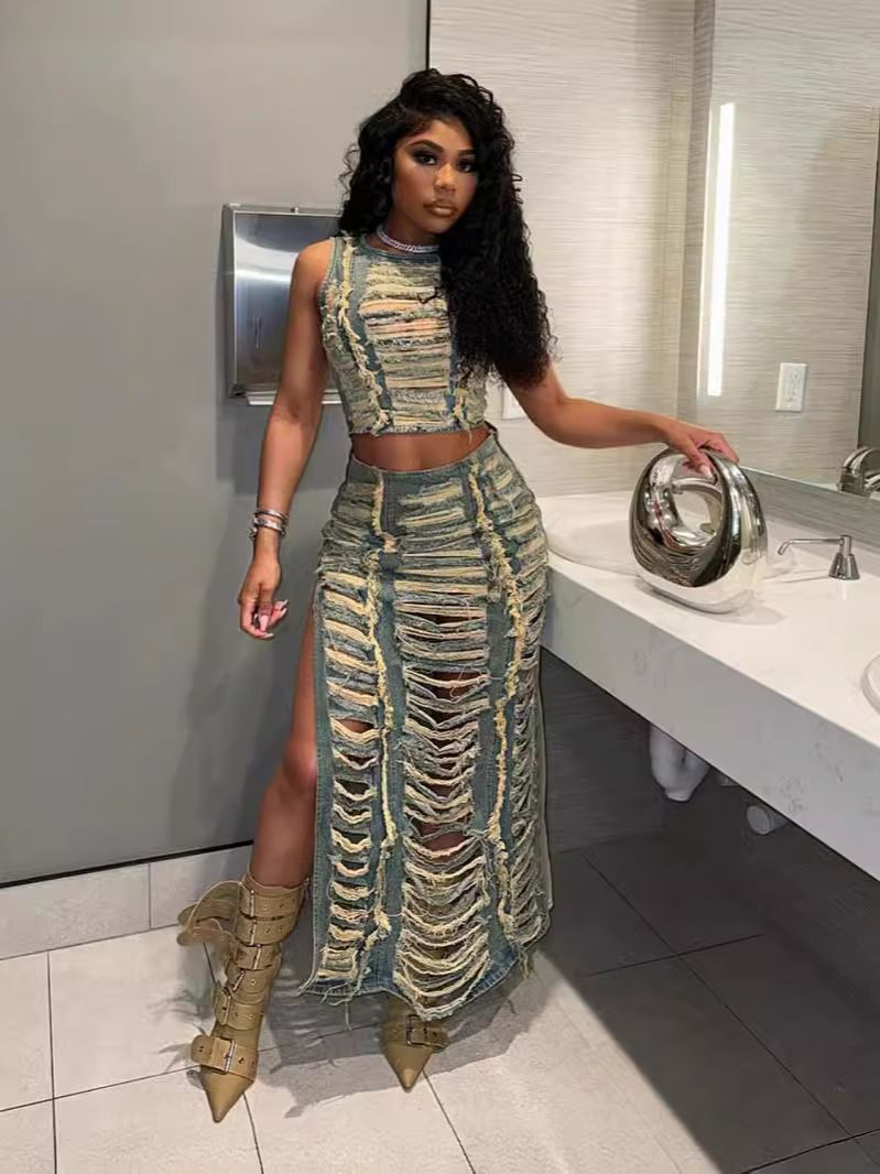 Women’s Clothing women's denim suits, cross border women's fashion, personalized hand worn vest, high slit denim skirt suit_ecoleips.com
