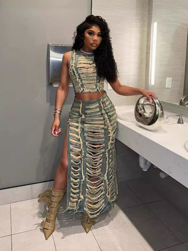 Women’s Clothing women's denim suits, cross border women's fashion, personalized hand worn vest, high slit denim skirt suit_ecoleips.com