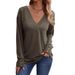Women's Autumn And Winter Solid-Color V-Neck Loose Long-Sleeved Button T-Shirt_ecoleips.com