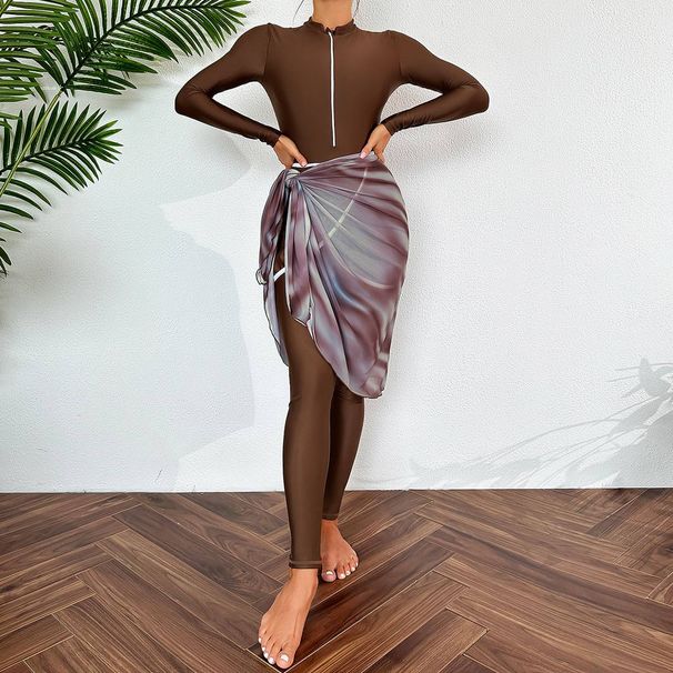 Women's Clothing Solid Color Long Sleeved Trousers Sun Protection Beach Swimwear Three Piece Swimsuit_ecoleips.com