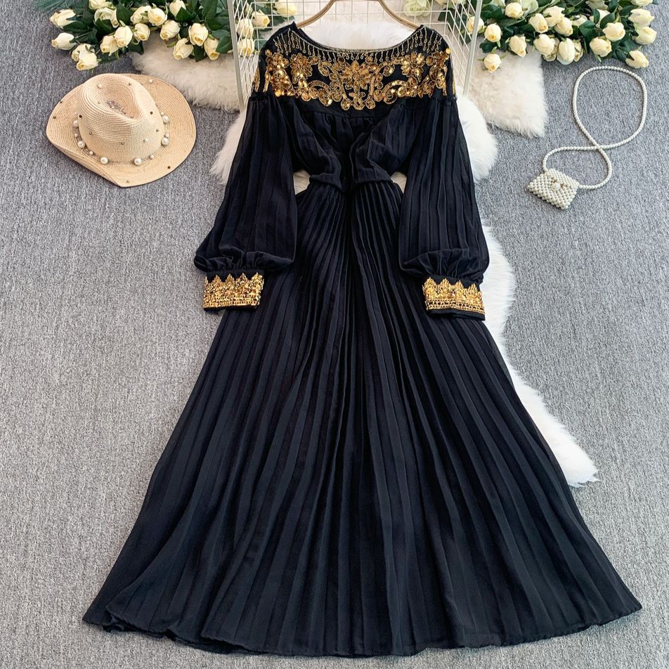 Women's Clothing High Quality! Elegant Lady Heavy Work Show Pearl Sequin Round Neck Dress Dress Female Waist Slim Pleated Long Skirt_ecoleips.com