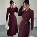 Elegant British Style Autumn Winter Dress For Women - Mid-Length Office Wear With Notched Collar & Button Detail (Available In S/M/L/XL, Dark Red)_ecoleips.com