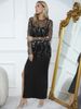 2 Piece Sequin Fringe Formal Maxi Dress, Long Sleeve Sheer Mesh Overlay + Spaghetti Slip Split Long Evening Party Gown_ecoleips.com