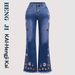 Cross-border, Vintage Dark Blue, Embroidered Jeans Women, Mid-high Waist, Extended Length, Floor-length Flared Pants For_ecoleips.com