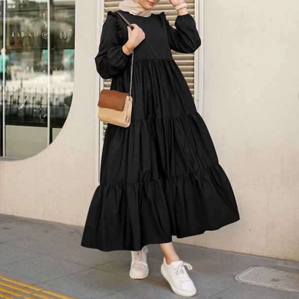 Women's Clothing Muslim New Ruffle Sleeves Pleated Hem Solid Color Round Neck Long Women's Big Swing Dress_ecoleips.com