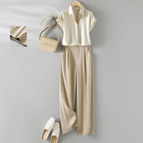 women's clothing fashion women's smooth satin half sved top and pants set two piece set_ecoleips.com
