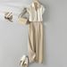 women's clothing fashion women's smooth satin half sved top and pants set two piece set_ecoleips.com