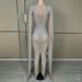 Women's Deep V-Neck Diamond Embellished Evening Dress - Luxury Cocktail Party & Pageant Gown For Model Catwalk Performance_ecoleips.com