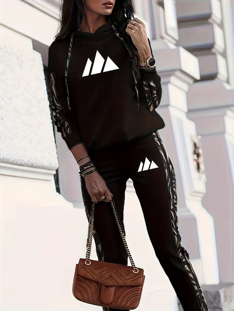 Women's Printed Hoodie & Pants Lounge Set - Casual Long Sleeve Two-Piece Outfit For Spring & Fall (S/M/L/XL/XXL, Black)_ecoleips.com