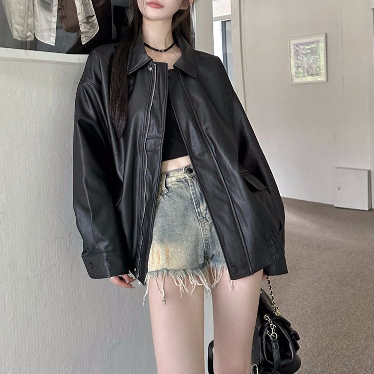 Women's Clothing Retro Brown Leather Jacket Autumn Black Sweet Cool Motorcycle PU Leather Loose Long Sleeve Top_ecoleips.com