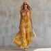Vintage Floral Print Chiffon Maxi Dress - Sleeveless V-Neck A-Line Summer Dress For Women, Boho Chic Yellow Geometric Pattern, Lightweight Polyester_ecoleips.com