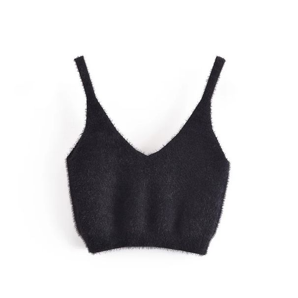 European And American New Plush Imitation Mohair Suit V Neck Sling + High Waist Shorts + Diamond Button Cardigan Jacket For Women_ecoleips.com