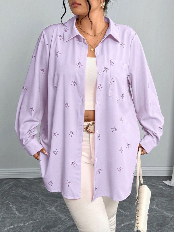 Plus Size Women’s Blouse With Bow Print – Oversized Long Sleeve Shirt For Autumn, Casual & Stylish_ecoleips.com