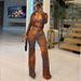 Women's Clothing Women's Style Two Piece Set Printed Mesh Collared Long Sleeved Button Down Cardigan And Flared Trousers_ecoleips.com