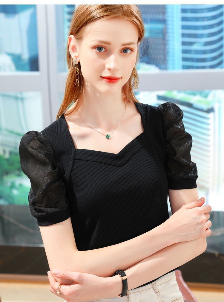 Ice Silk T-Shirt For Women's Summer Short-Sleeved Body, French Court-Style Puffed Sleeve Top, Trendy_ecoleips.com