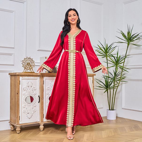 Verve 011 Dubai Long Robe Gold Embroidered Lace Fashion Muslim Women's Dress_ecoleips.com
