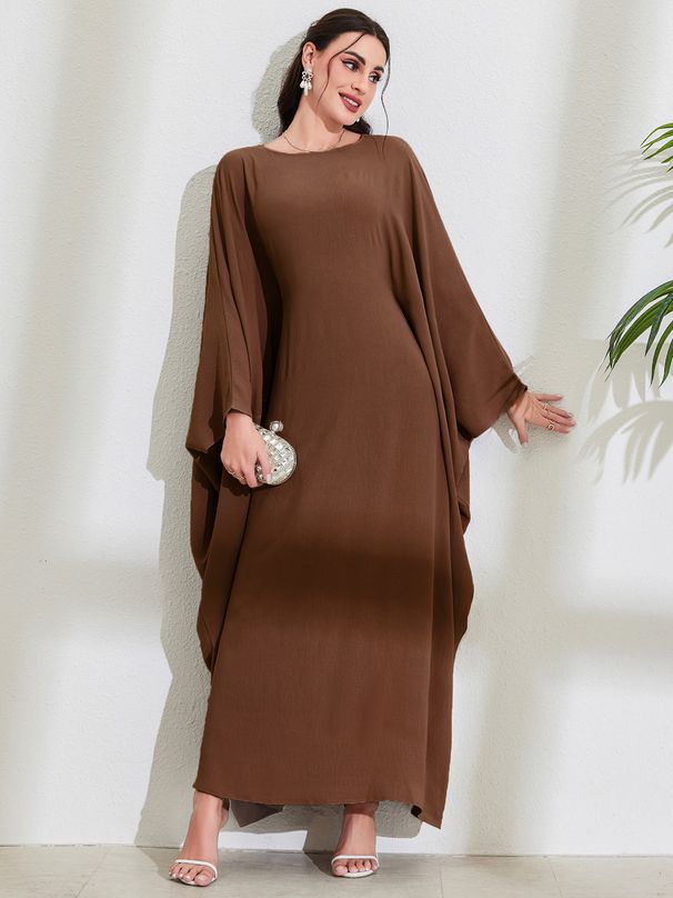 Women's Clothing Elegant Muslim Long Dress With Batwing Sleeves And Round Neck Fashionable Robe Style Polyester Gown_ecoleips.com