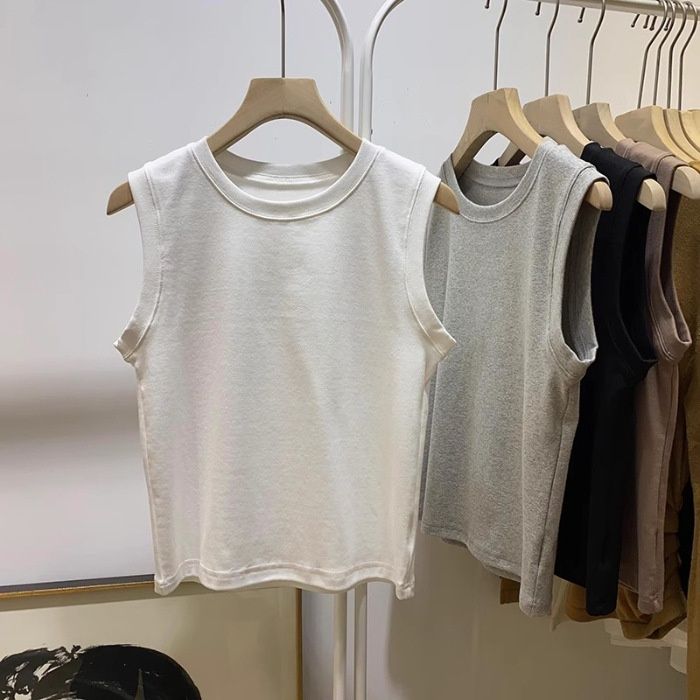 Classic Versatile Stretchy Slim-fit Short Round-neck Sleeveless Women's T-shirt, Stylish And Fashionable Tank Top_ecoleips.com