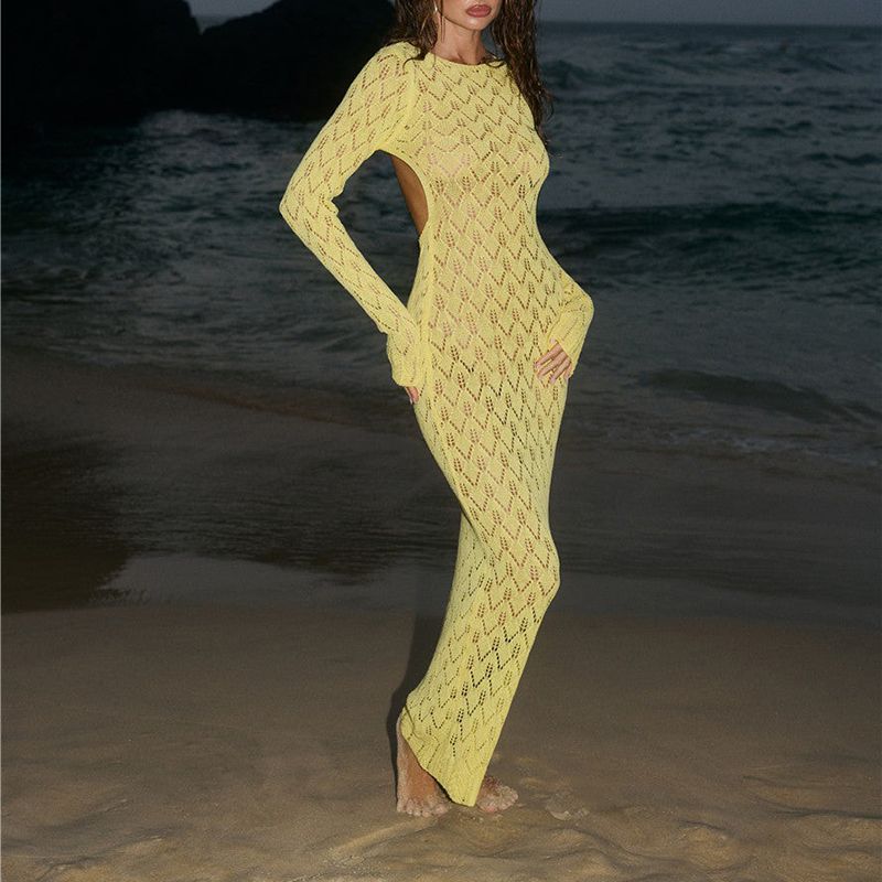 Summer Vacation Hollow Backless Robe Dress Women's Simple Solid Beach Cover Up Dresses Leisure O-neck Long Sleeved Knitted Dress_ecoleips.com